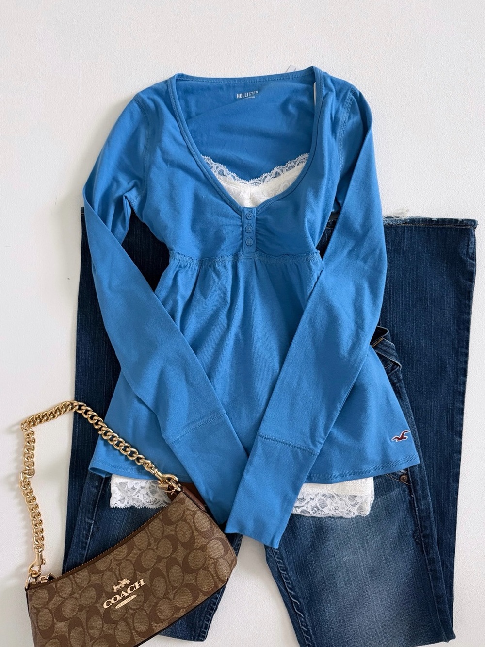 Hollister Blue Long-Sleeve V-Neck Top with White Lace Cami